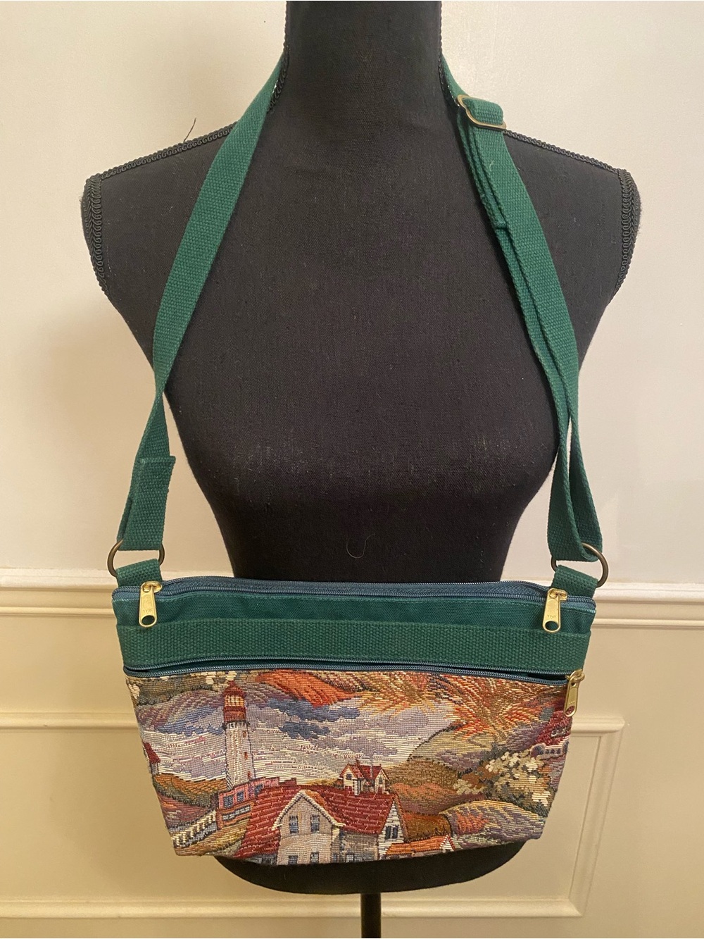 Scenic Tapestry Green Crossbody Bag with Village Motif My Maine Bag Embroidered